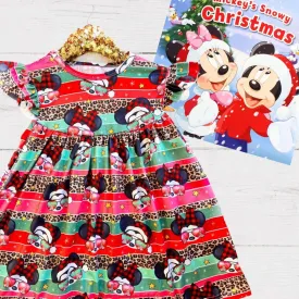 $12.50 EA - 2-3 X 1, 3-4 X 2, 4-5 X 2, 5-6 X 1 - Girls Fun Holiday Character Dresses - Red Plaid Mouse In Sunglasses