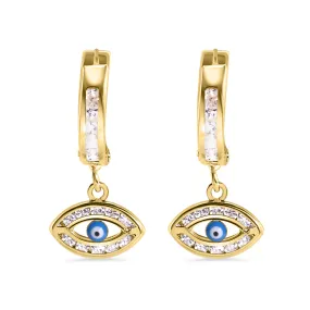 14E00457. - 14 Karat Yellow Gold 11.7mm Hoop Studded Clear CZ Evil Eye Latch Box Earrings