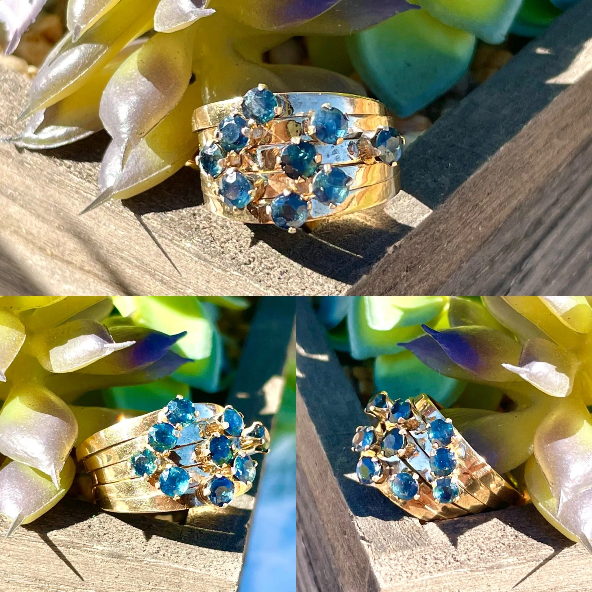 14K Yellow Gold Antique 9 Sapphire Stone Harem 5 Band Stacking Ring 4.7g Size 7