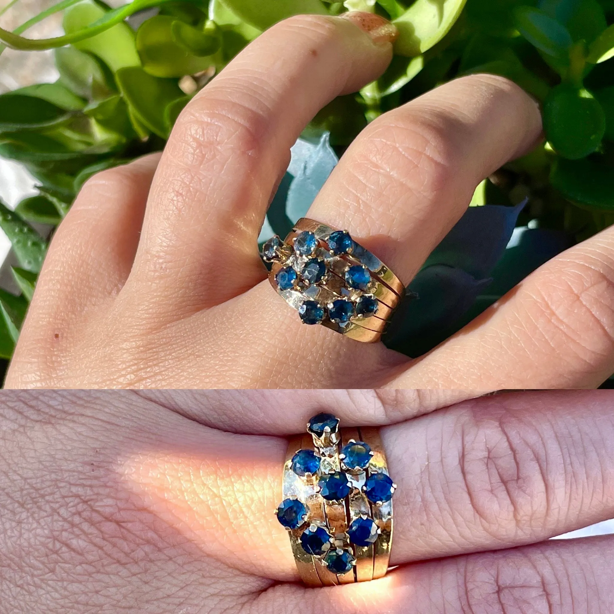 14K Yellow Gold Antique 9 Sapphire Stone Harem 5 Band Stacking Ring 4.7g Size 7