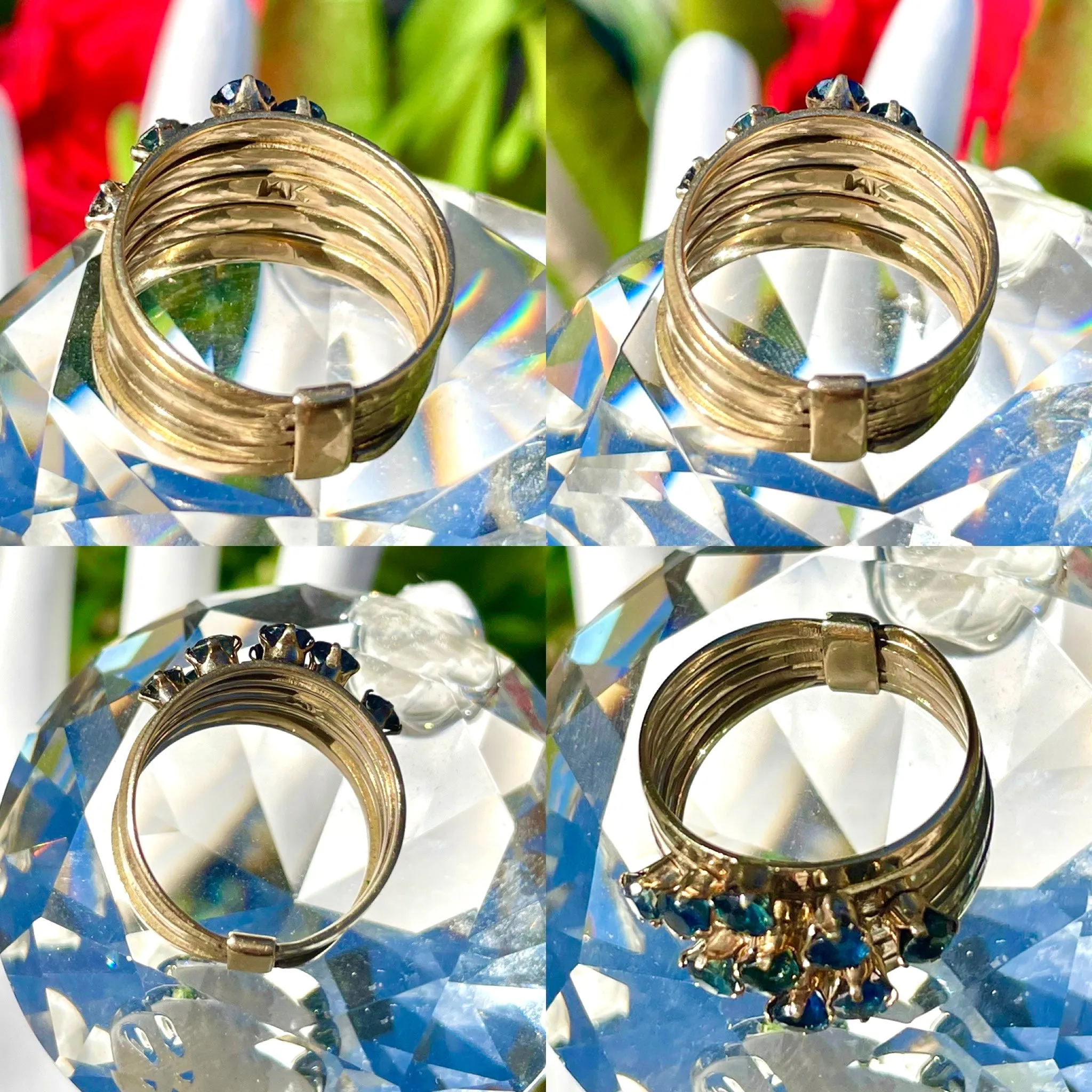 14K Yellow Gold Antique 9 Sapphire Stone Harem 5 Band Stacking Ring 4.7g Size 7