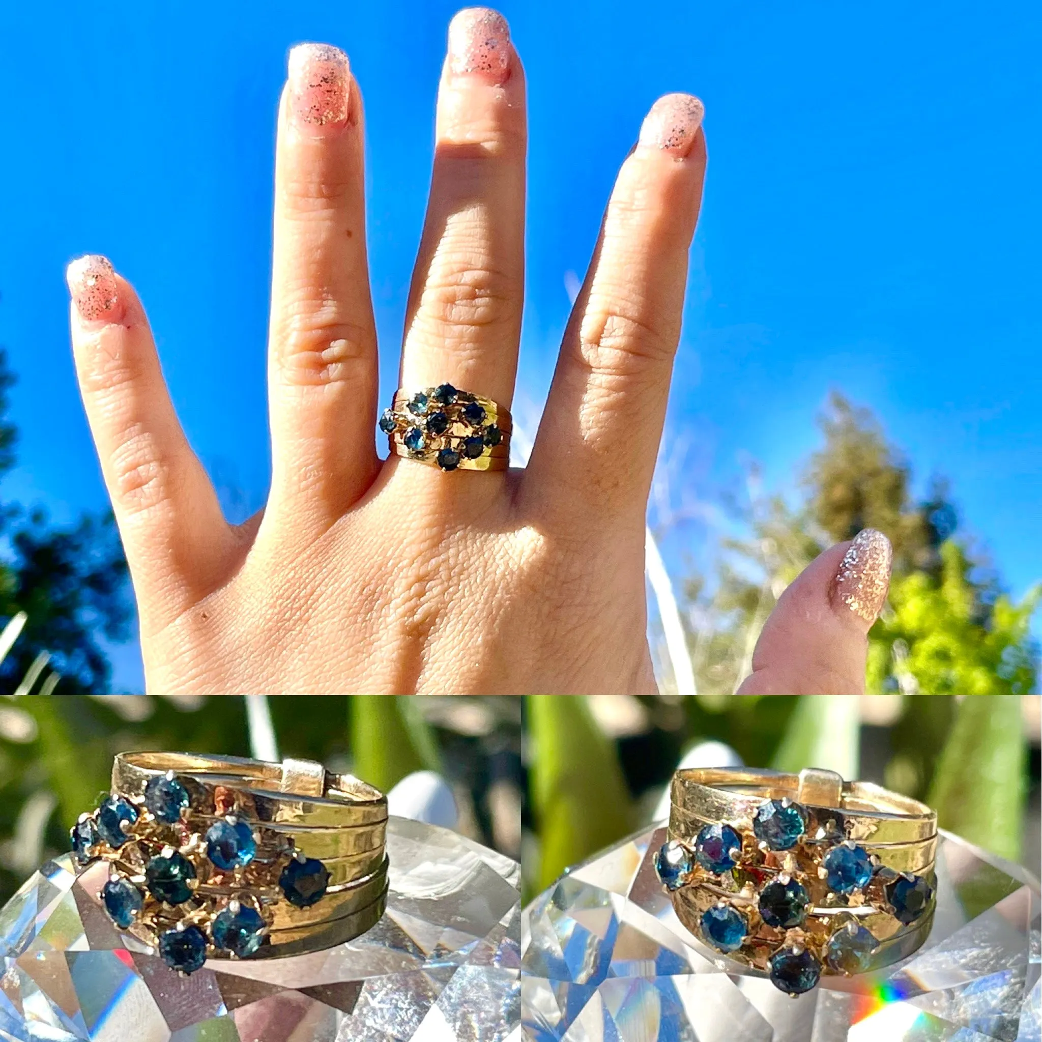14K Yellow Gold Antique 9 Sapphire Stone Harem 5 Band Stacking Ring 4.7g Size 7