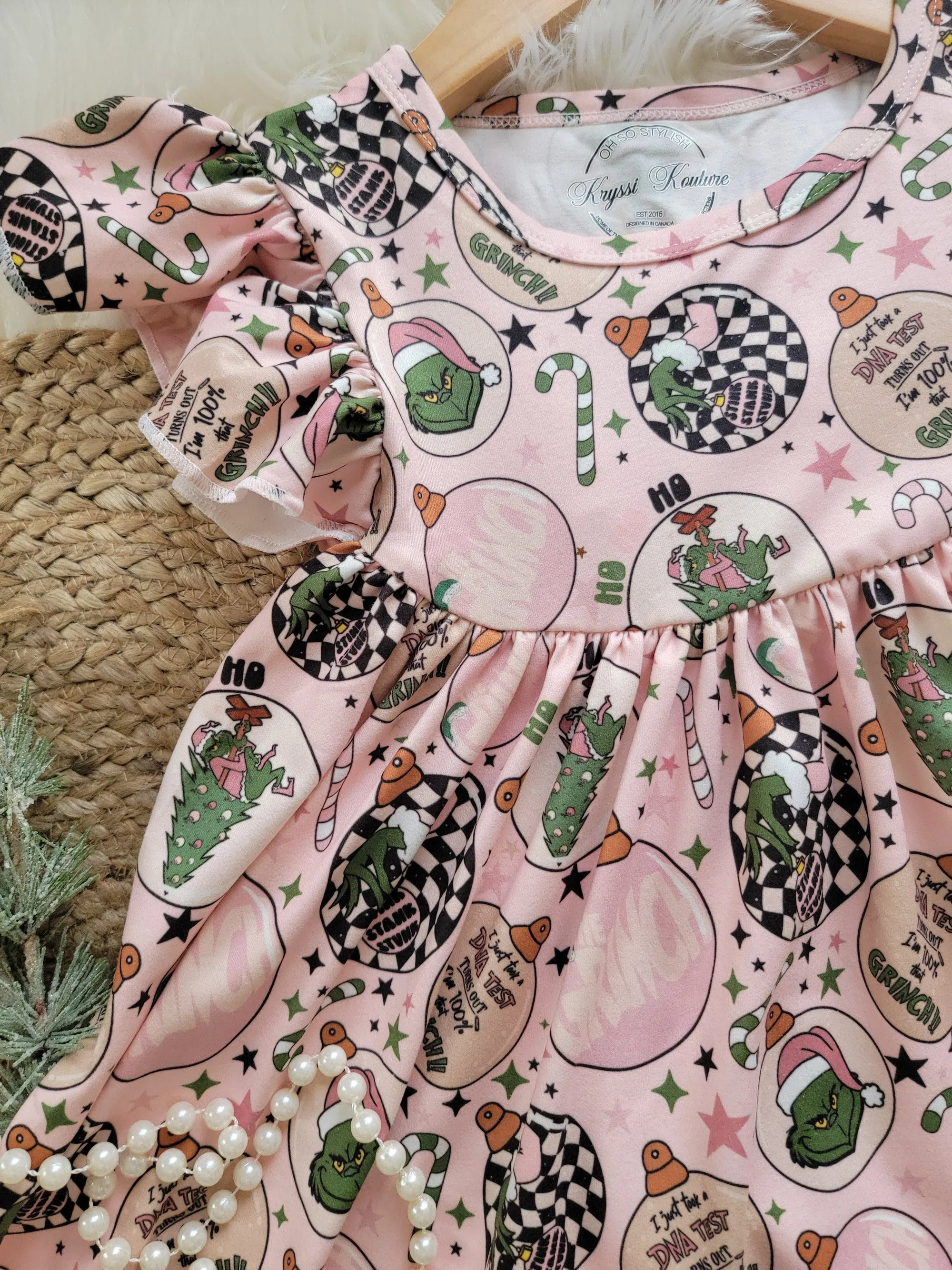 $16.00 EA - 2-3 X 1, 3-4 X 1, 4-5 X 1, 5-6 X 1, 6-7 X 1 - Christmas Girl Fun Character Dress - Pink Check Grinch Balls