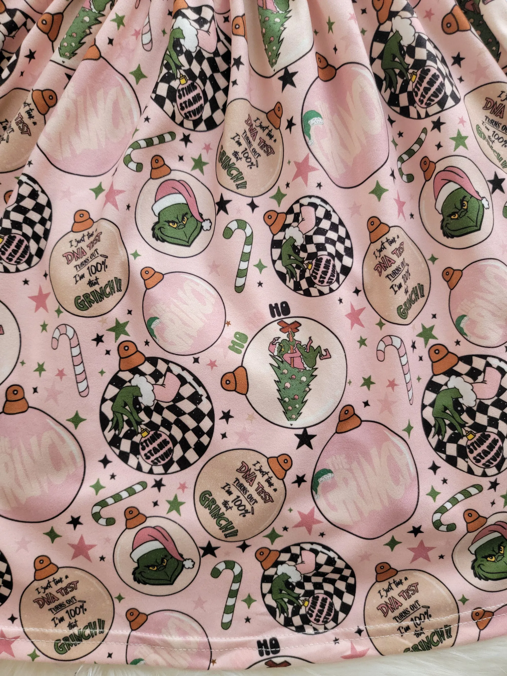 $16.00 EA - 2-3 X 1, 3-4 X 1, 4-5 X 1, 5-6 X 1, 6-7 X 1 - Christmas Girl Fun Character Dress - Pink Check Grinch Balls