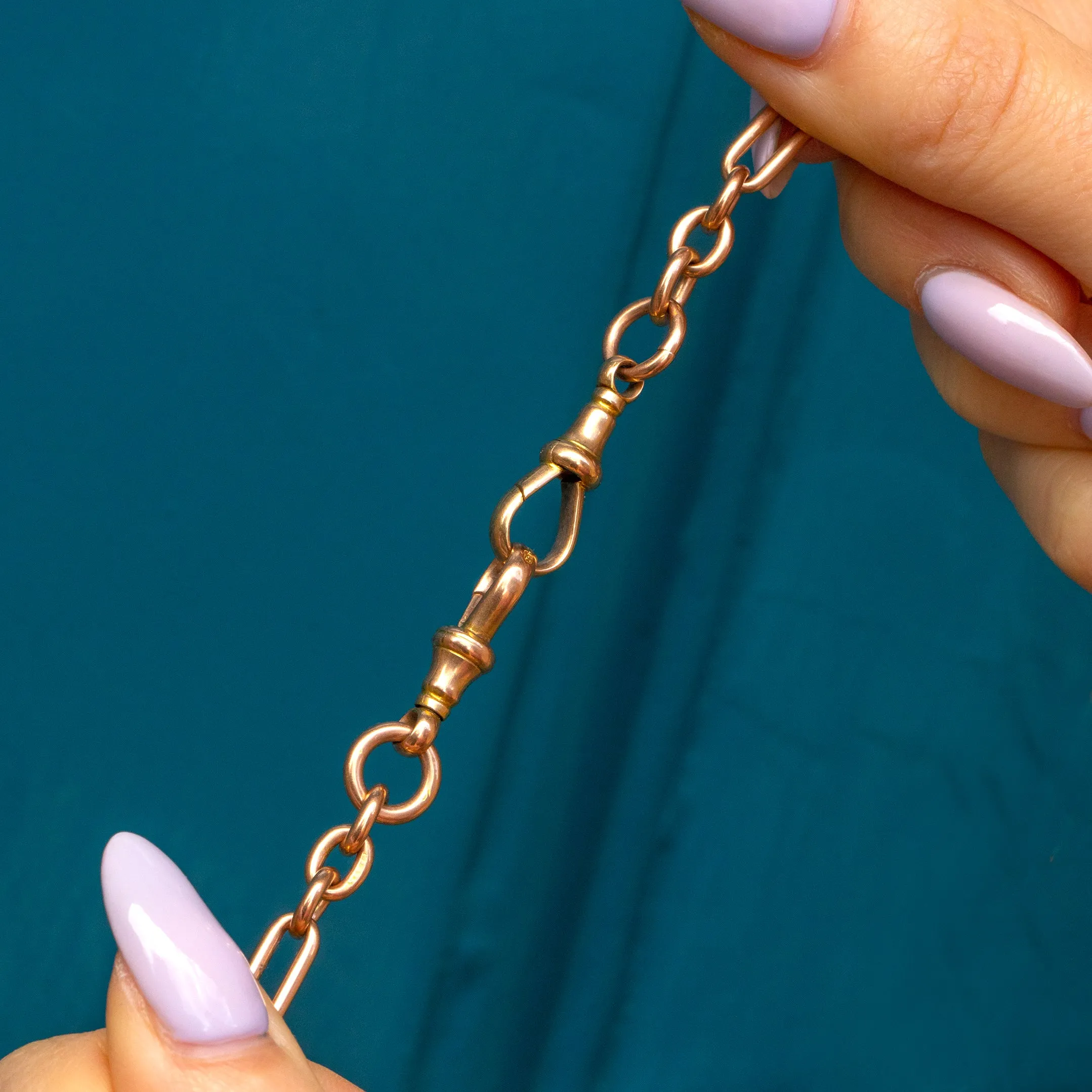 17" 9ct Gold Trombone Chain with 2x Dog-Clips & T-Bar, 33.75g