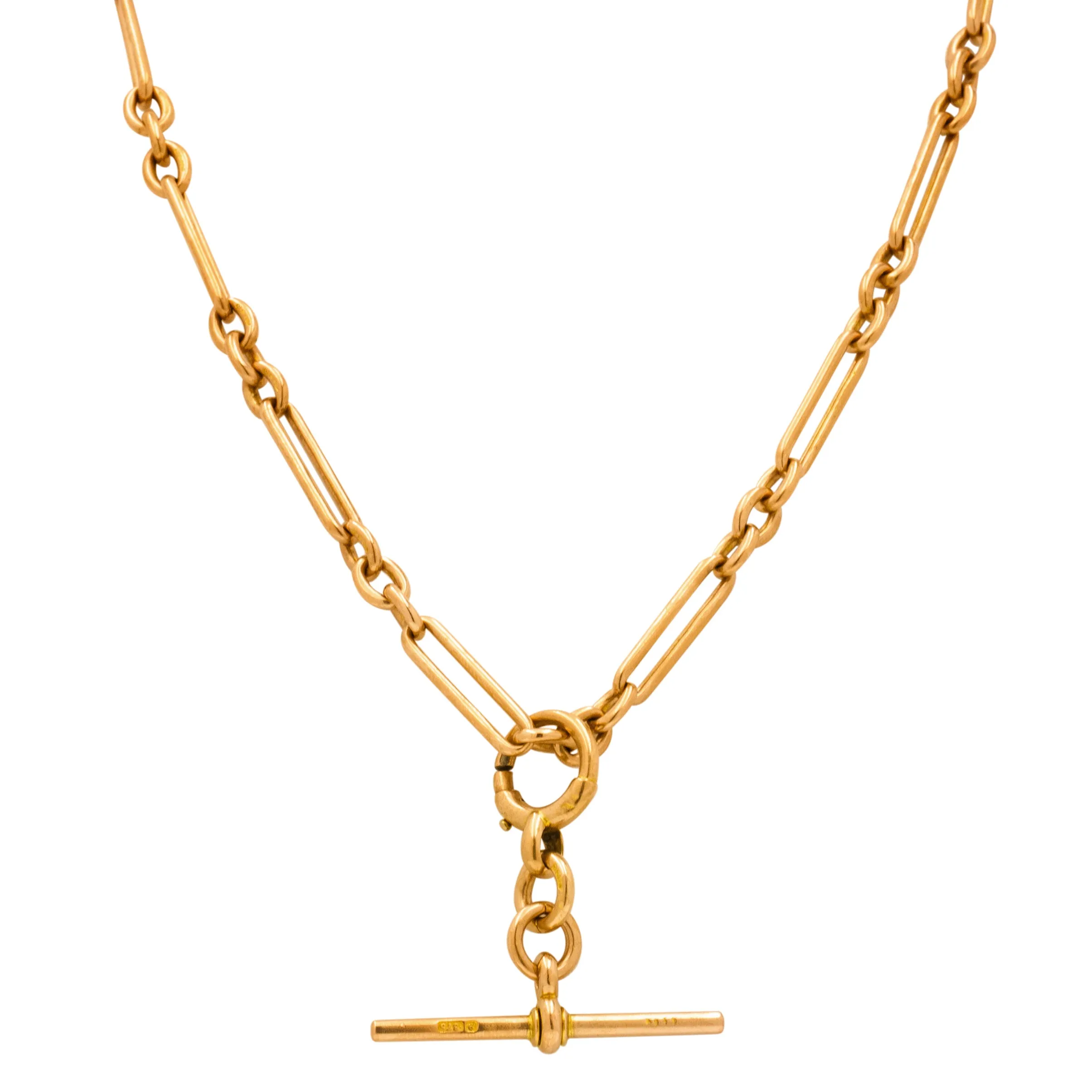 17" 9ct Gold Trombone Chain with 2x Dog-Clips & T-Bar, 33.75g