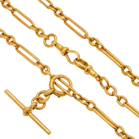 17" 9ct Gold Trombone Chain with 2x Dog-Clips & T-Bar, 33.75g