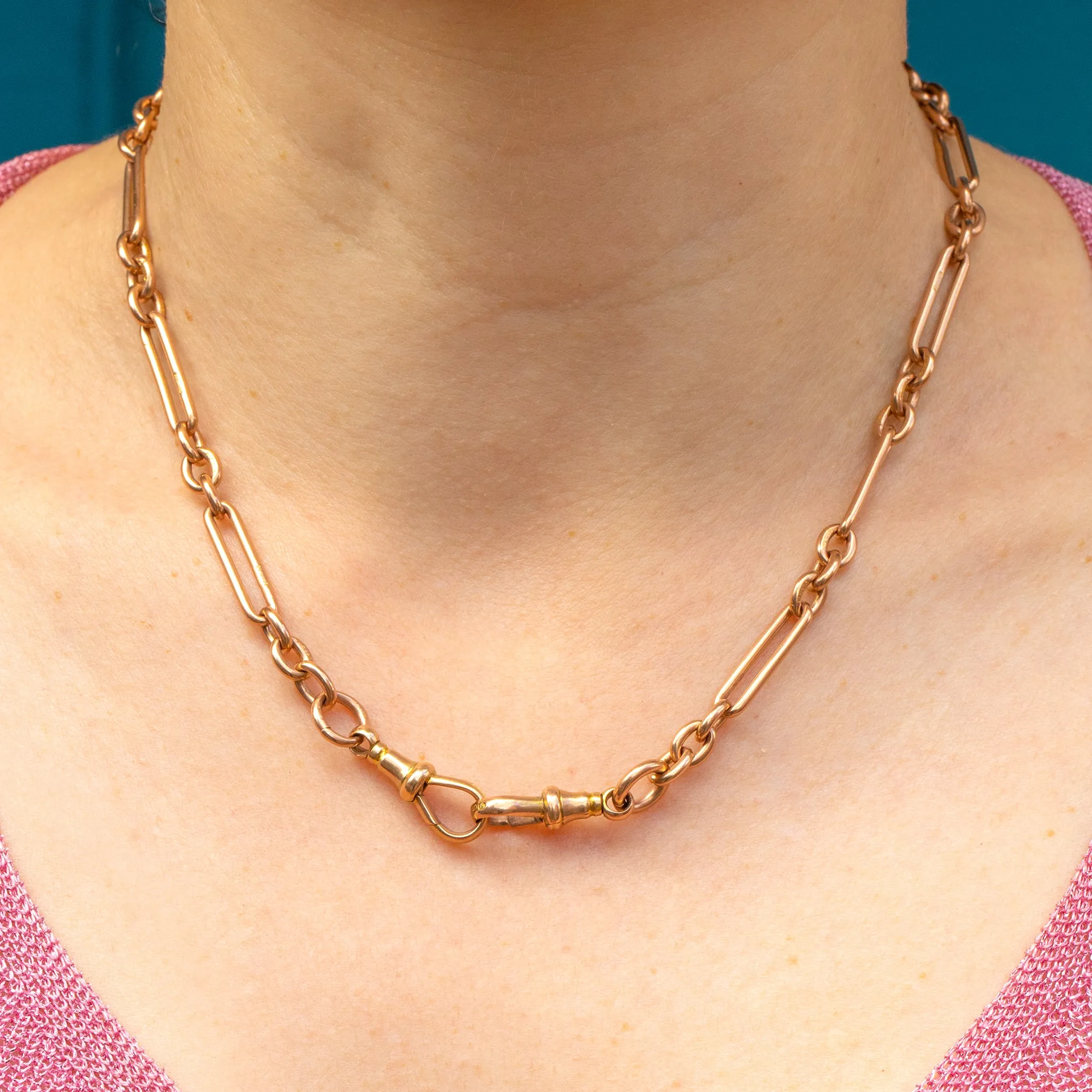 17" 9ct Gold Trombone Chain with 2x Dog-Clips & T-Bar, 33.75g