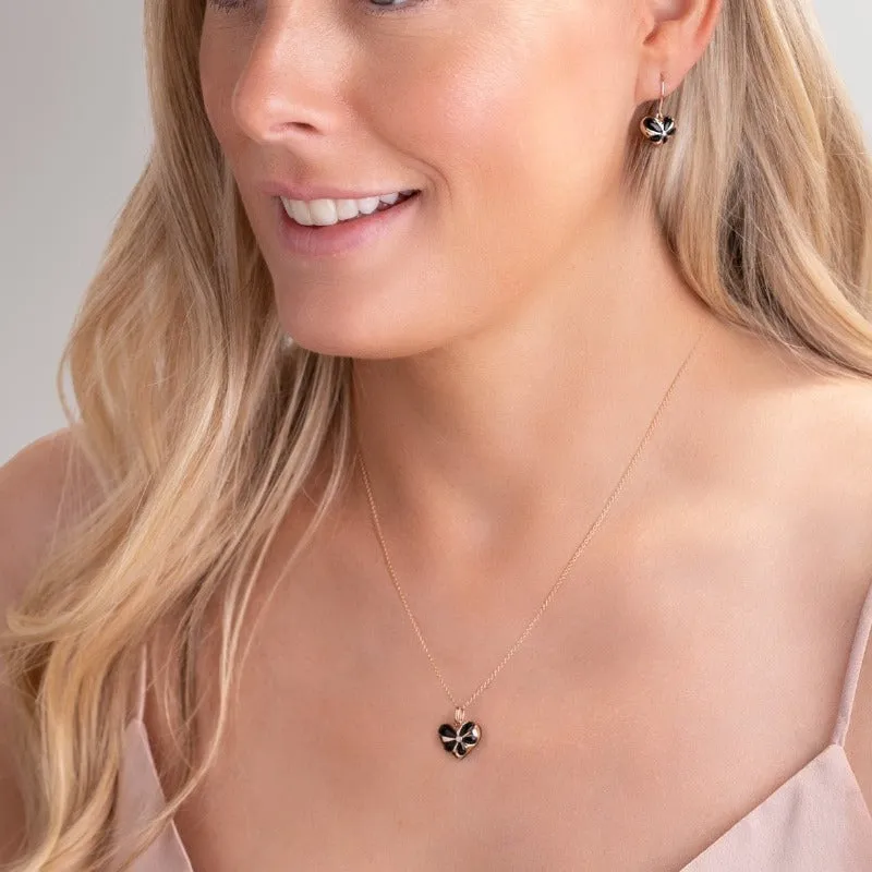 18ct Rose Gold Whitby Jet Diamond Flower Heart Necklace