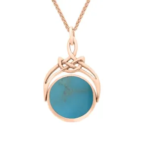 18ct Rose Gold Whitby Jet Turquoise Round Swivel Fob Necklace