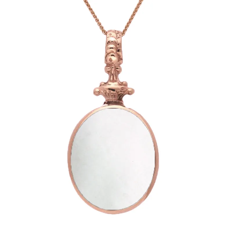 18ct Rose Gold Whitby Jet White Mother Of Pearl Double Sided Oval Fob Necklace