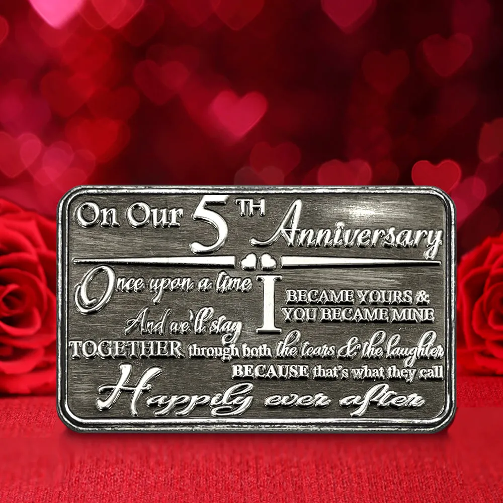 5th Fifth Anniversary Sentimental Metal Wallet or Purse Keepsake Card Gift - Cute Gift Set From Husband Wife Boyfriend Girlfriend Partner