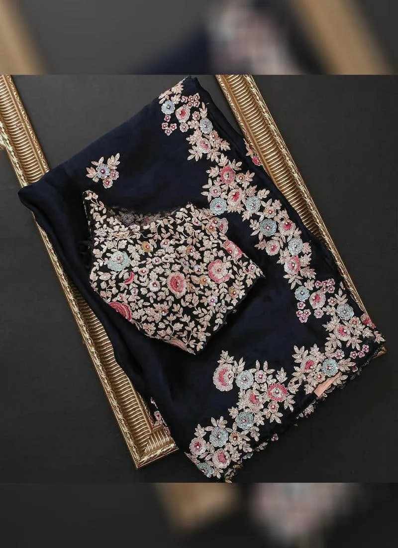 Adorable Black Stone and Reshma Work Saree