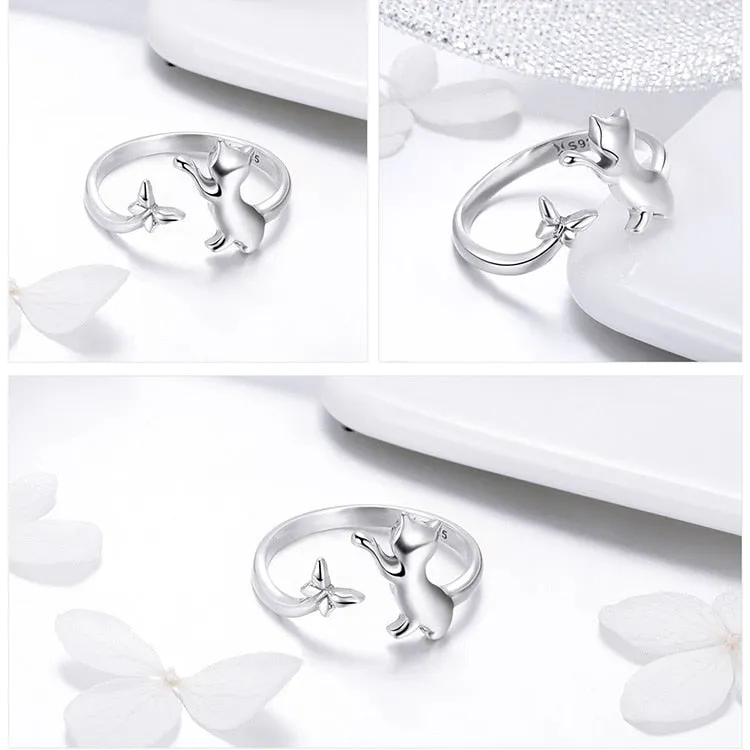 Adorable Pure S925 Cat and Butterfly Ring