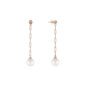 Akoya White Pearl Paperclip Chain Earrings in Rose Gold - 8mm