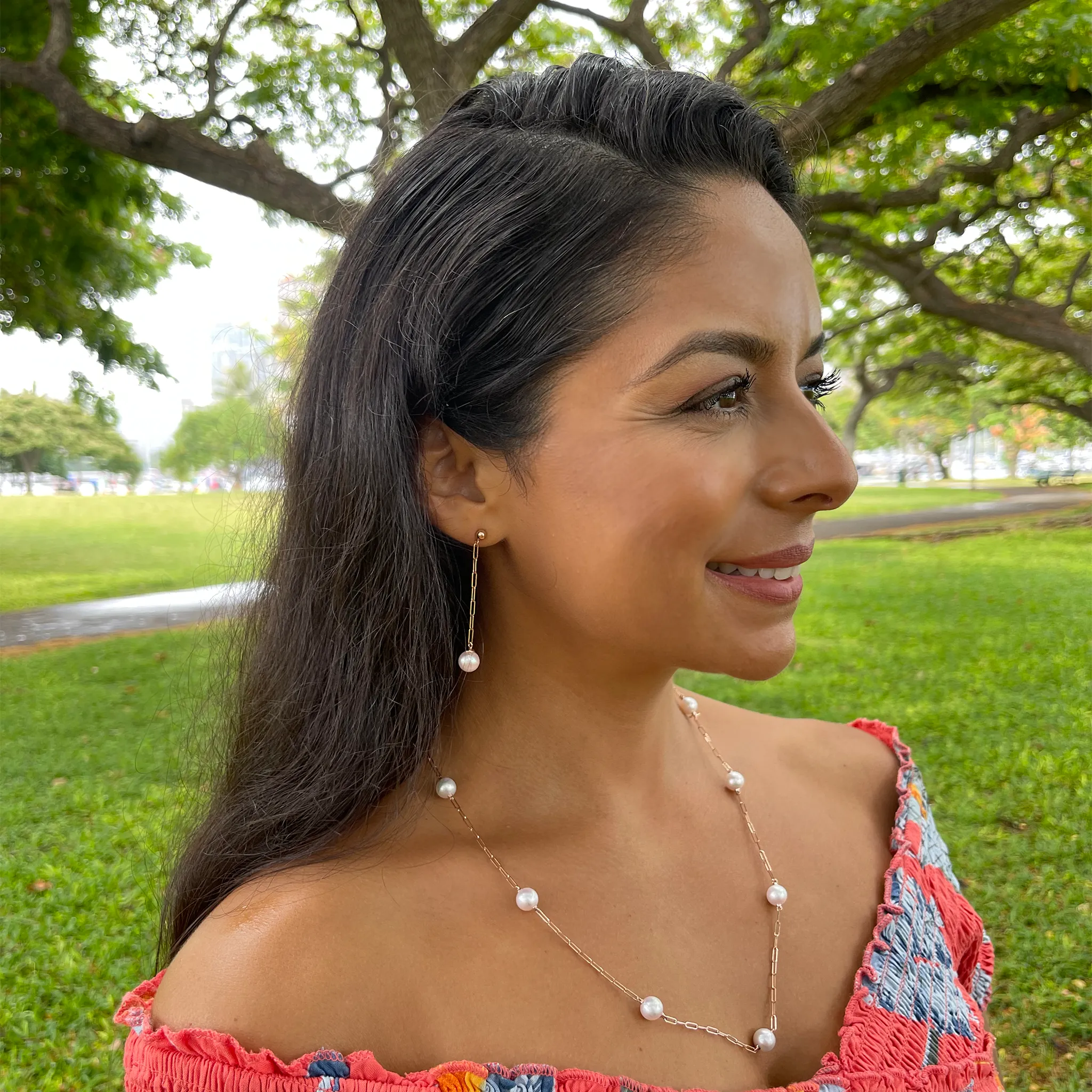 Akoya White Pearl Paperclip Chain Earrings in Rose Gold - 8mm