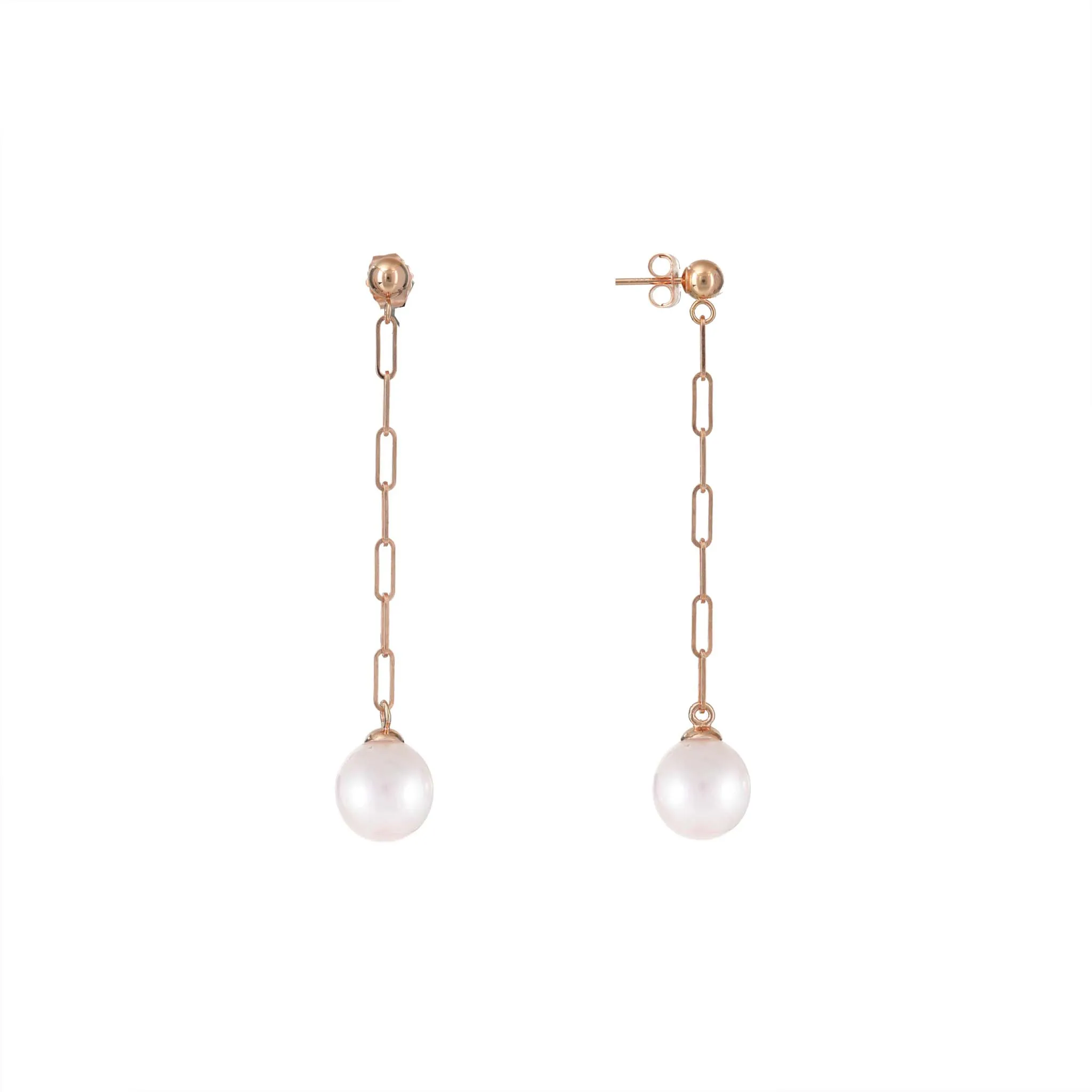 Akoya White Pearl Paperclip Chain Earrings in Rose Gold - 8mm