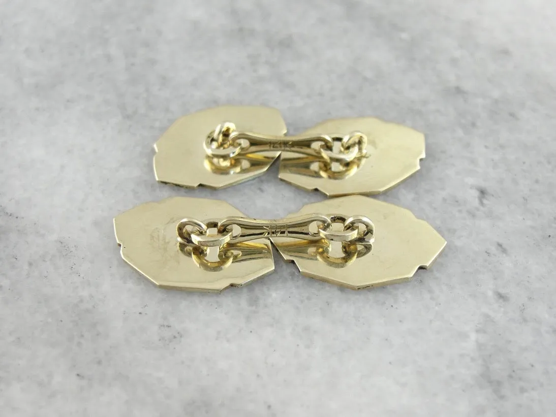 Antique Etched Cufflinks in Yellow Gold, Beautiful Art Deco Menswear with an Architectural Style