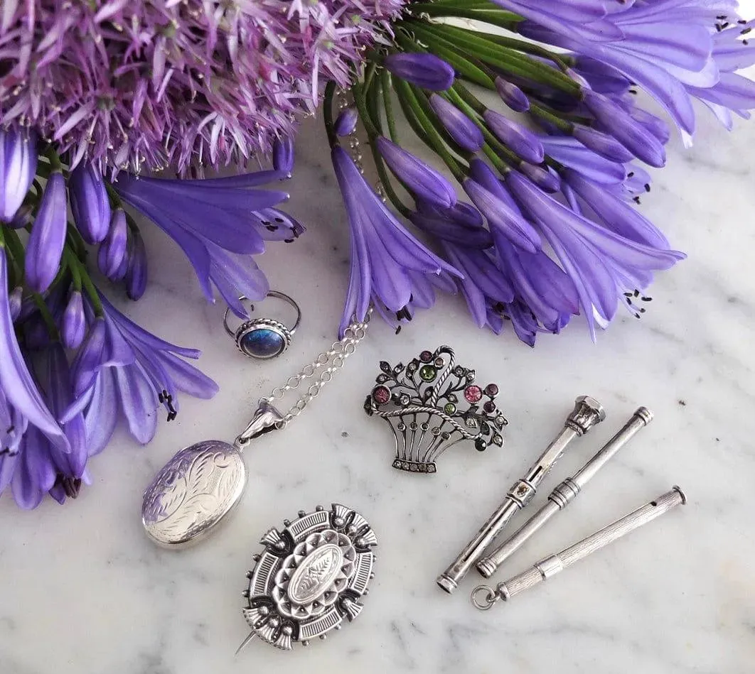 Antique Victorian Silver Thistle Locket Brooch and Earring Set