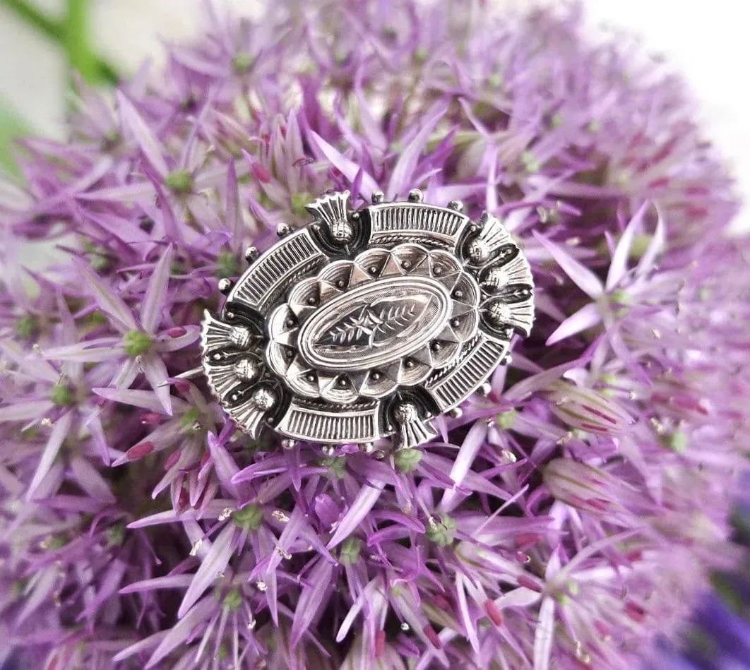 Antique Victorian Silver Thistle Locket Brooch and Earring Set