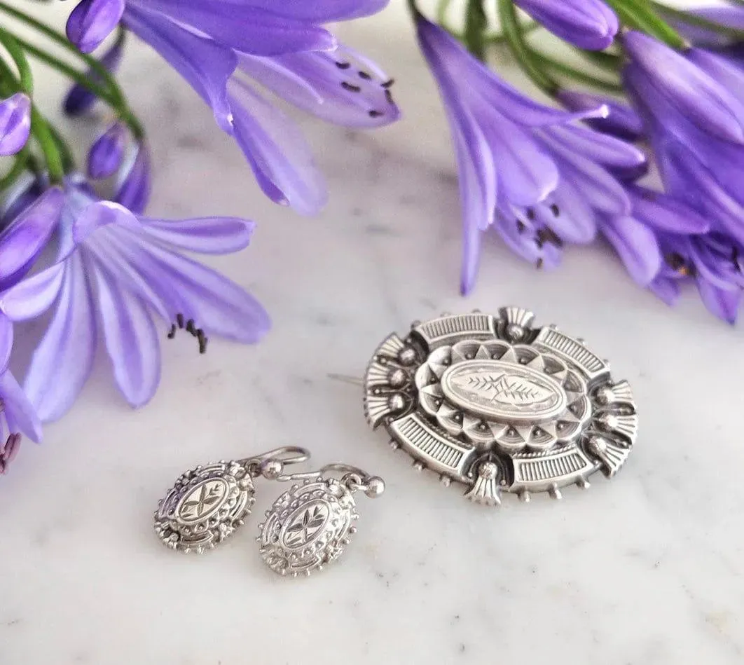 Antique Victorian Silver Thistle Locket Brooch and Earring Set