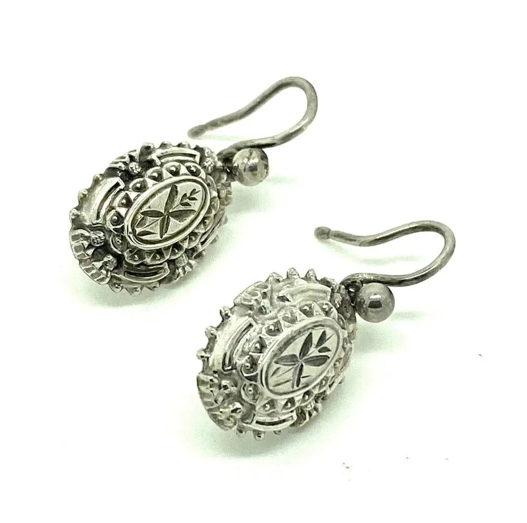 Antique Victorian Silver Thistle Locket Brooch and Earring Set
