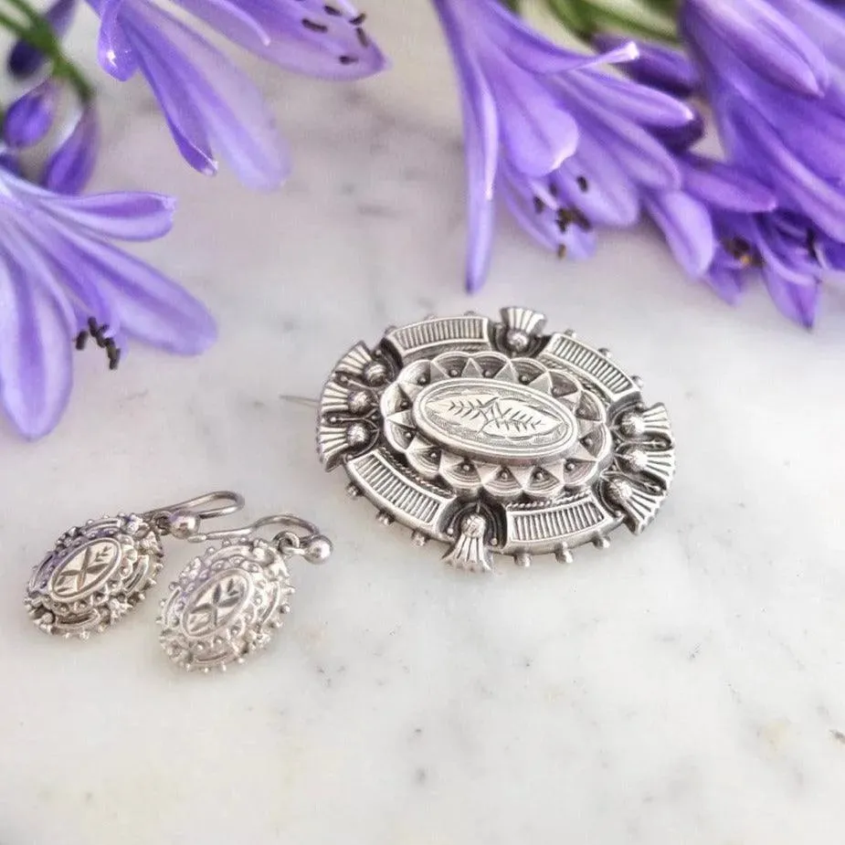 Antique Victorian Silver Thistle Locket Brooch and Earring Set