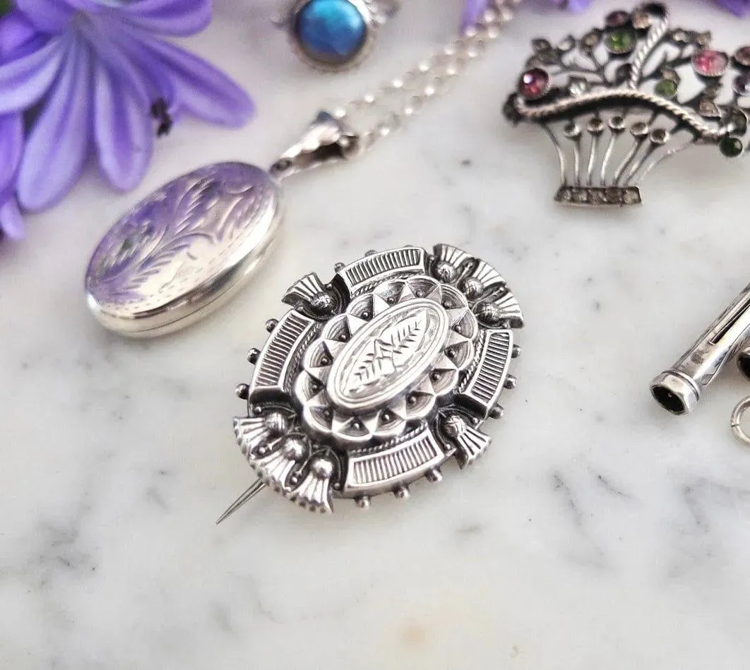 Antique Victorian Silver Thistle Locket Brooch and Earring Set