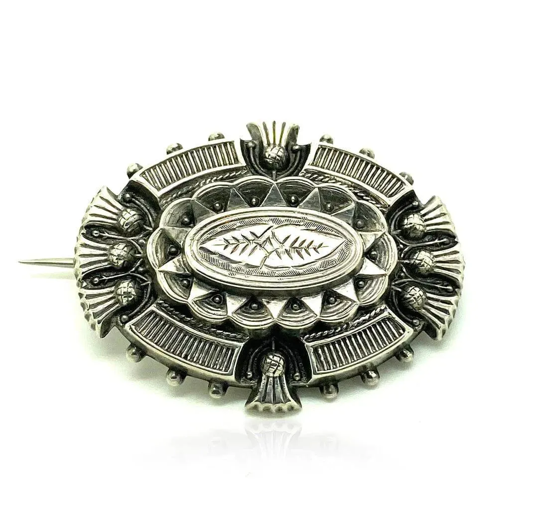 Antique Victorian Silver Thistle Locket Brooch and Earring Set