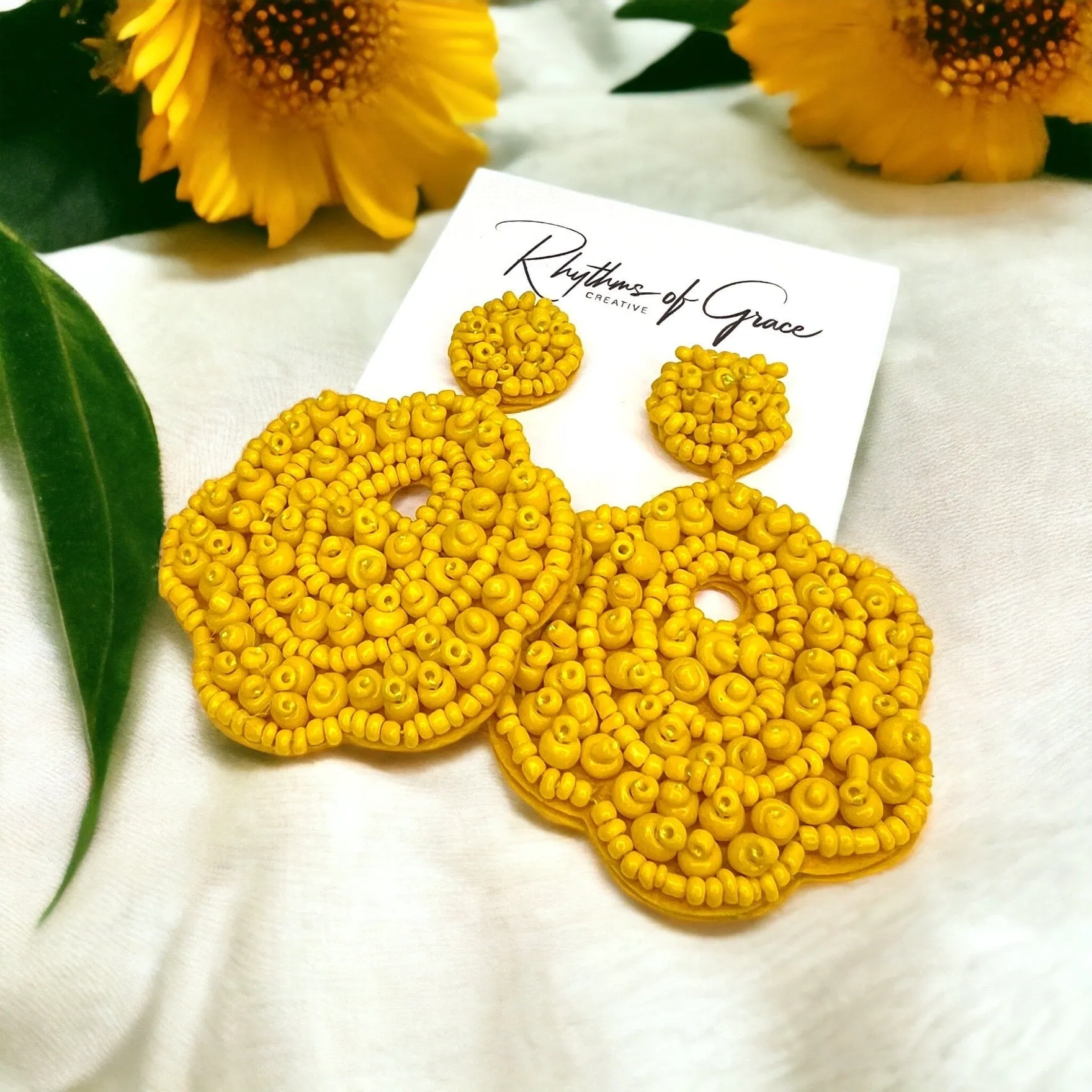 Beaded Flower Earrings - Boho Earrings, Bohemian Style, Kentucky Derby, Yellow Earrings, Handmade Jewelry, Beaded Earrings, Mardi Gras