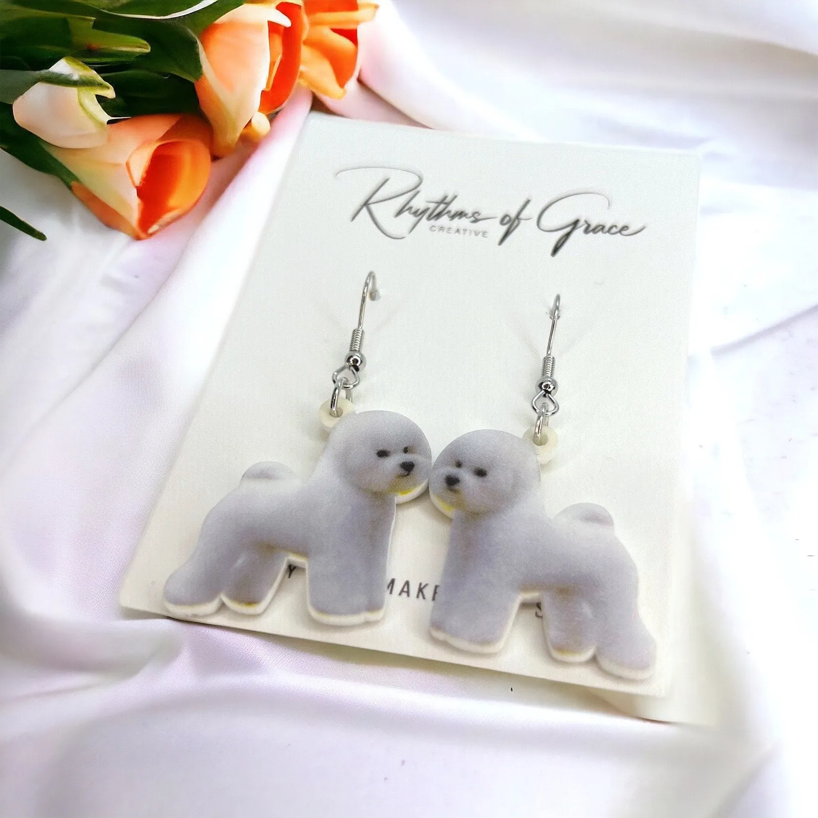 Bichon Frise Earrings - Dog Earrings, Dog Jewelry, Dog Mom, White Maltese, White Bichon, Bichon Frise, Fluffy White Dog, Furbaby, Handmade