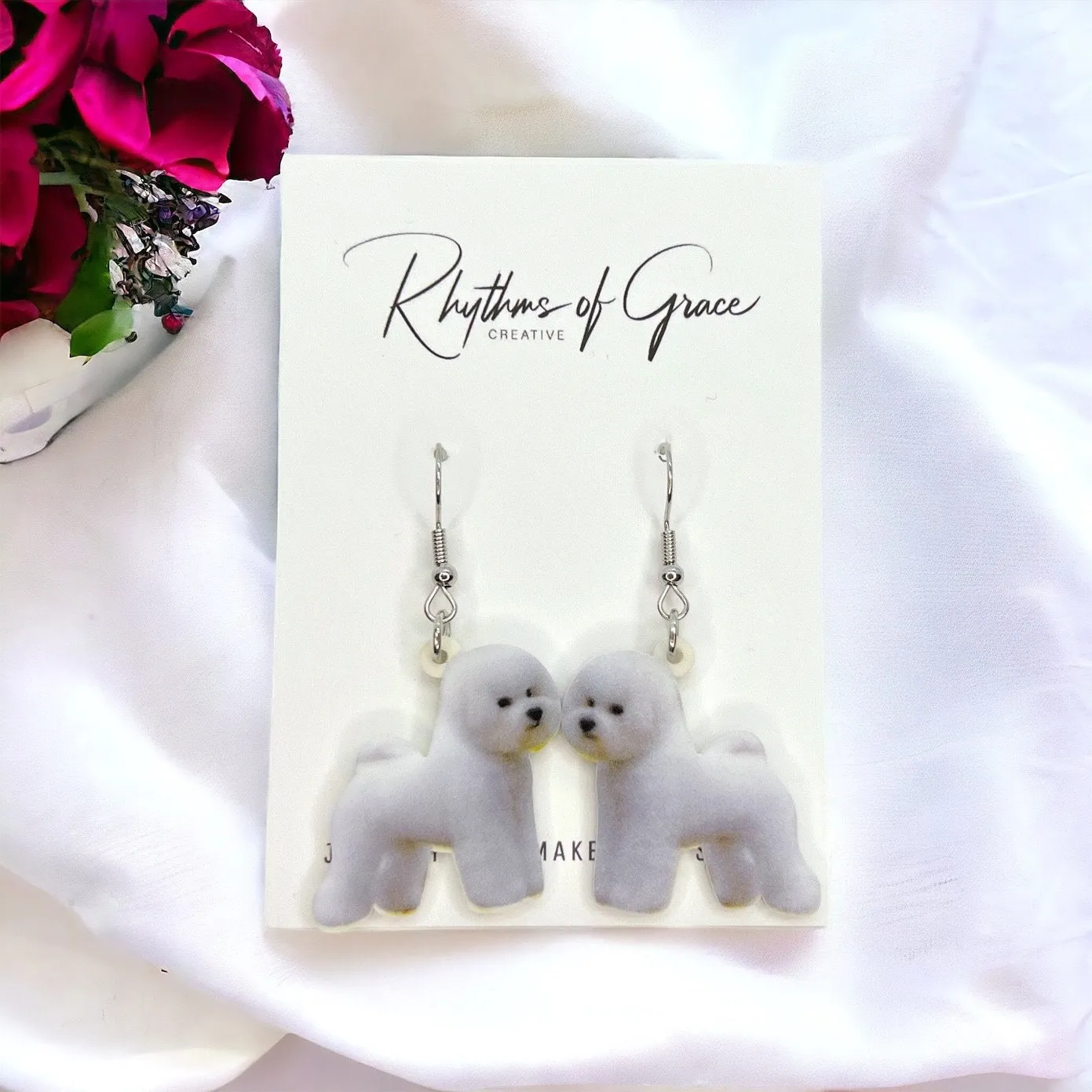 Bichon Frise Earrings - Dog Earrings, Dog Jewelry, Dog Mom, White Maltese, White Bichon, Bichon Frise, Fluffy White Dog, Furbaby, Handmade
