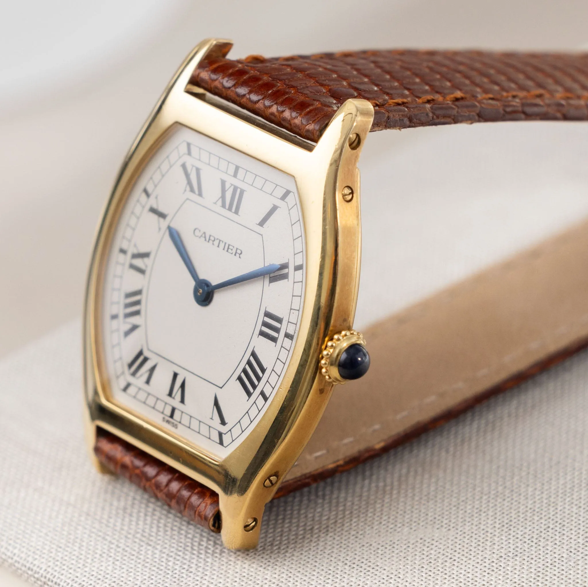 Ultra-Thin Cartier Tortue Watch in 18kt Yellow Gold with Box and Papers