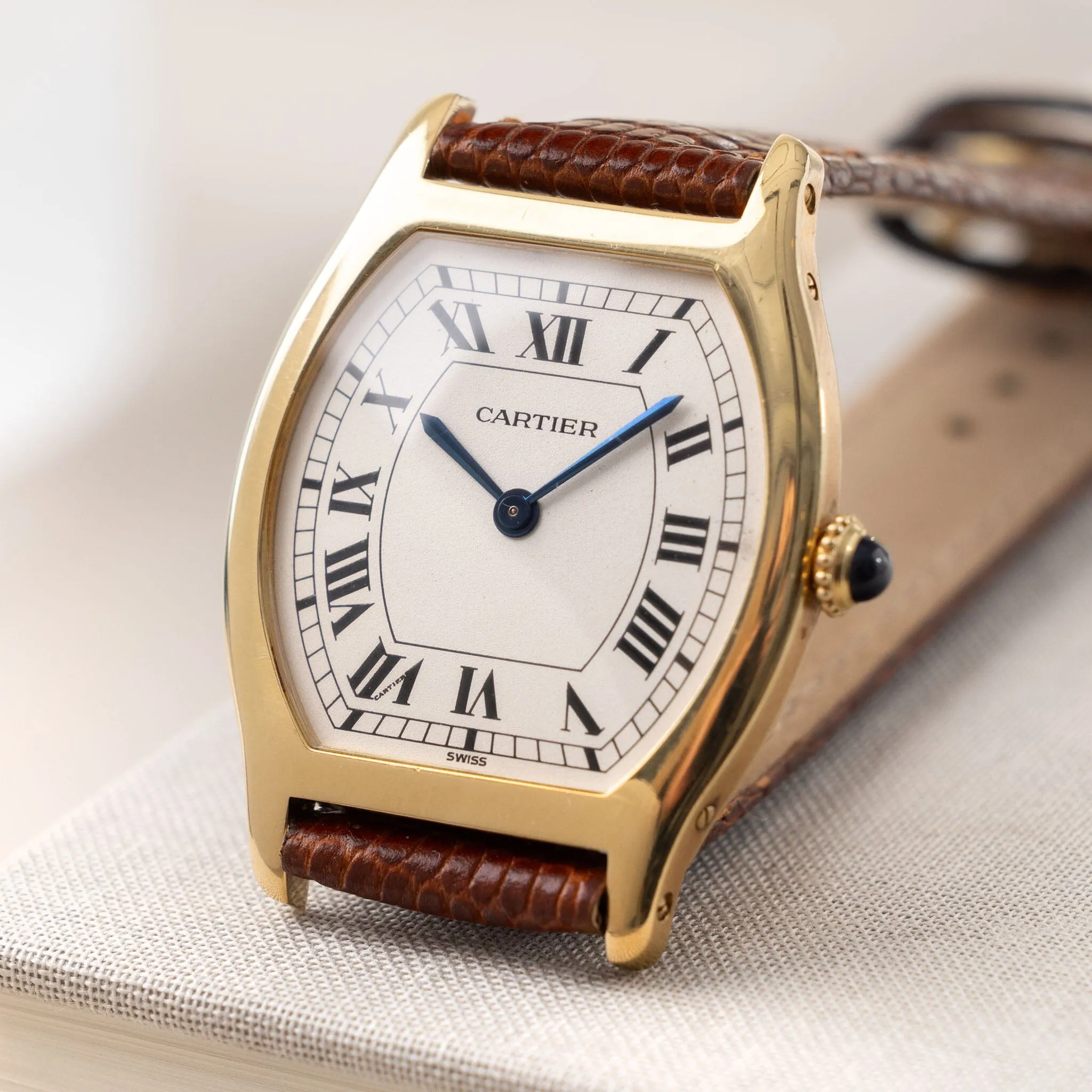 Ultra-Thin Cartier Tortue Watch in 18kt Yellow Gold with Box and Papers
