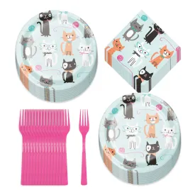 Cat Party Supplies - Assorted Kitty Paper Dessert Plates, Beverage Napkins, and Forks (Serves 16)