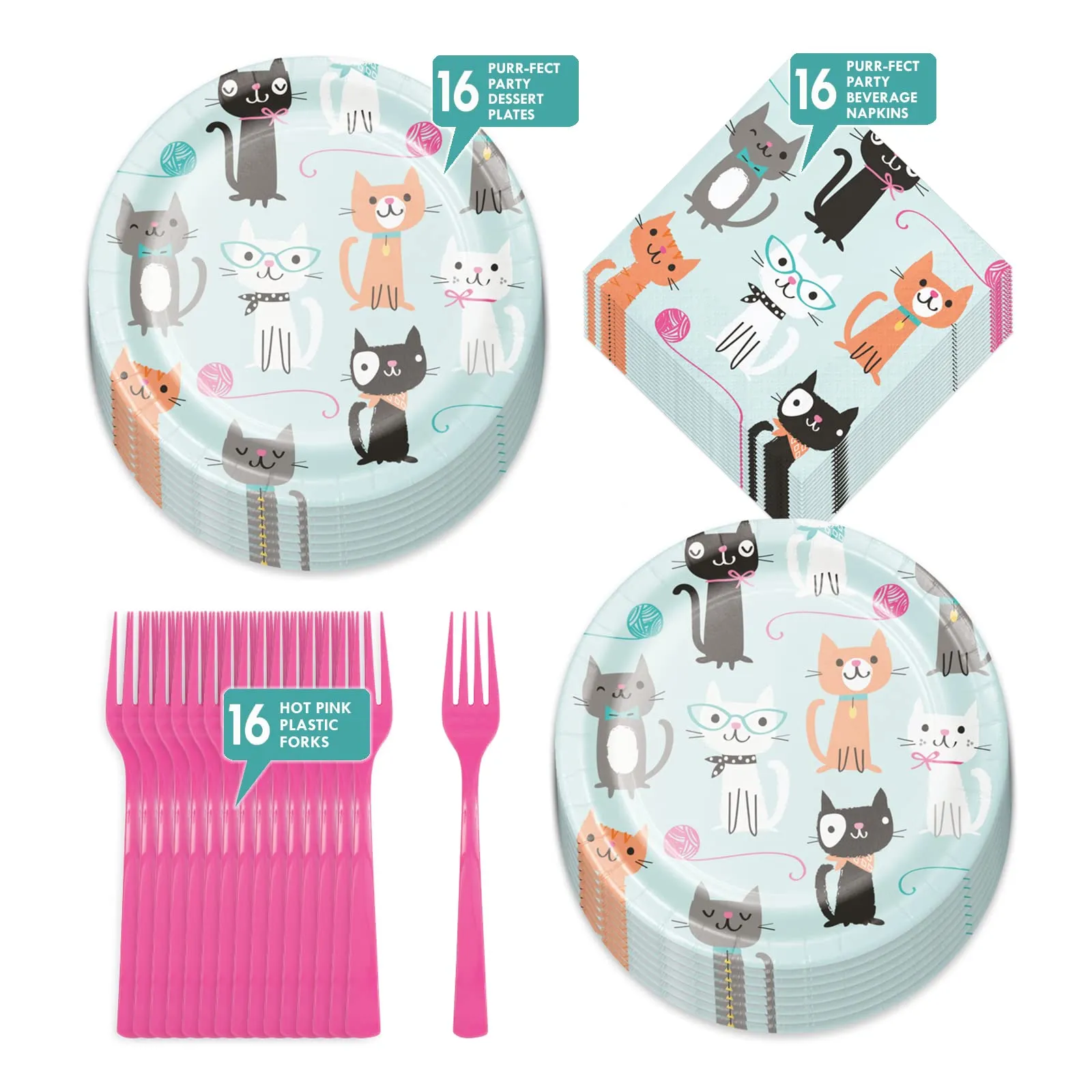 Cat Party Supplies - Assorted Kitty Paper Dessert Plates, Beverage Napkins, and Forks (Serves 16)