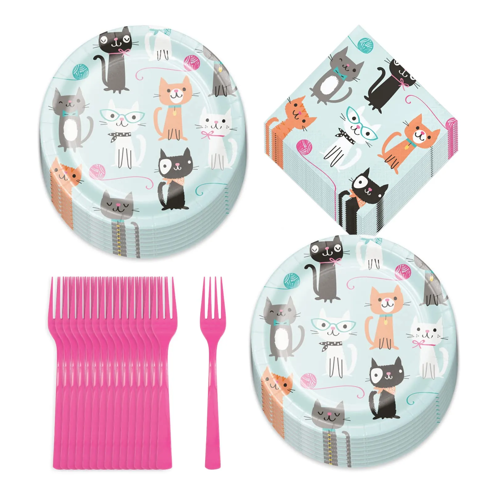 Cat Party Supplies - Assorted Kitty Paper Dessert Plates, Beverage Napkins, and Forks (Serves 16)