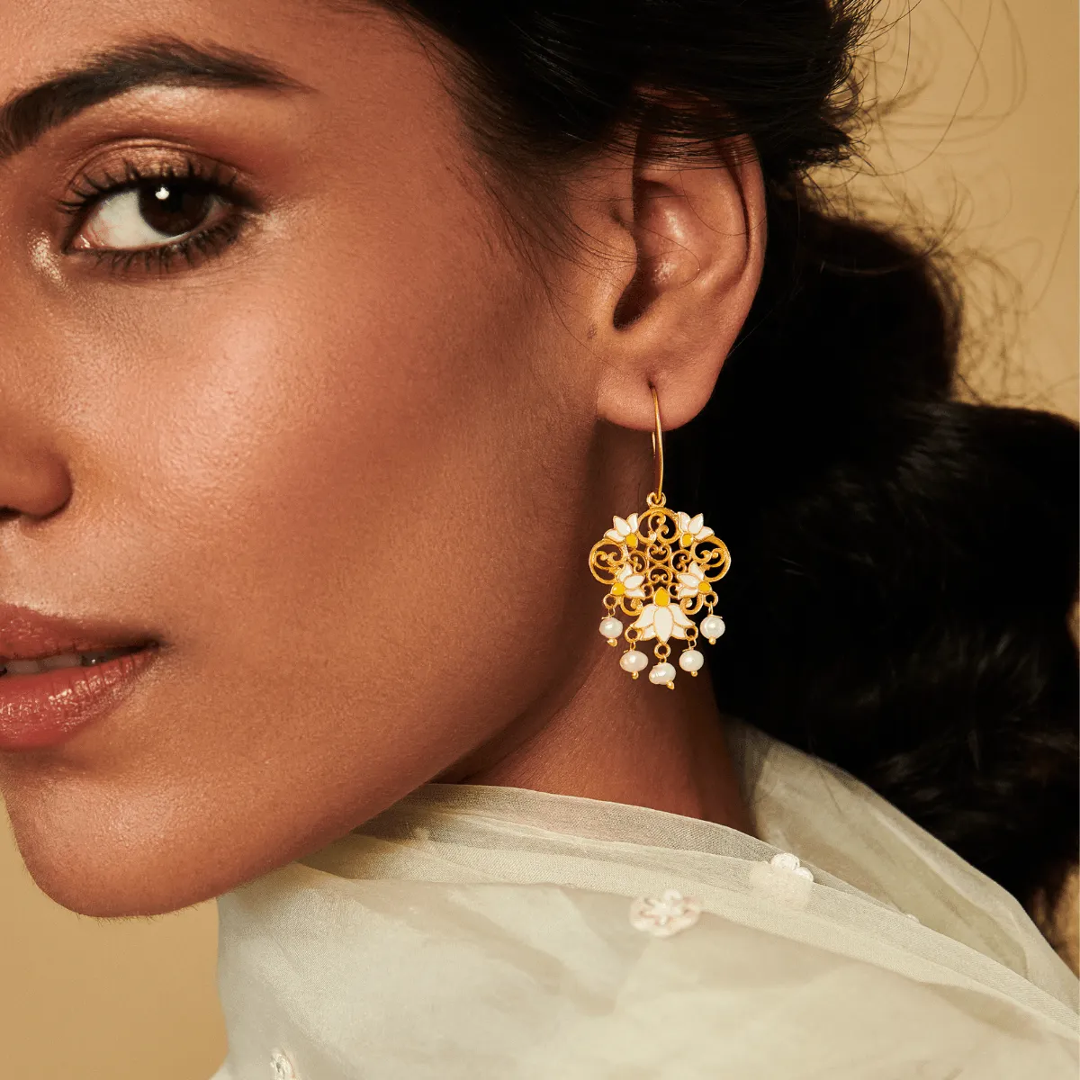 Dream Lotus Drop Earrings in White Enamel