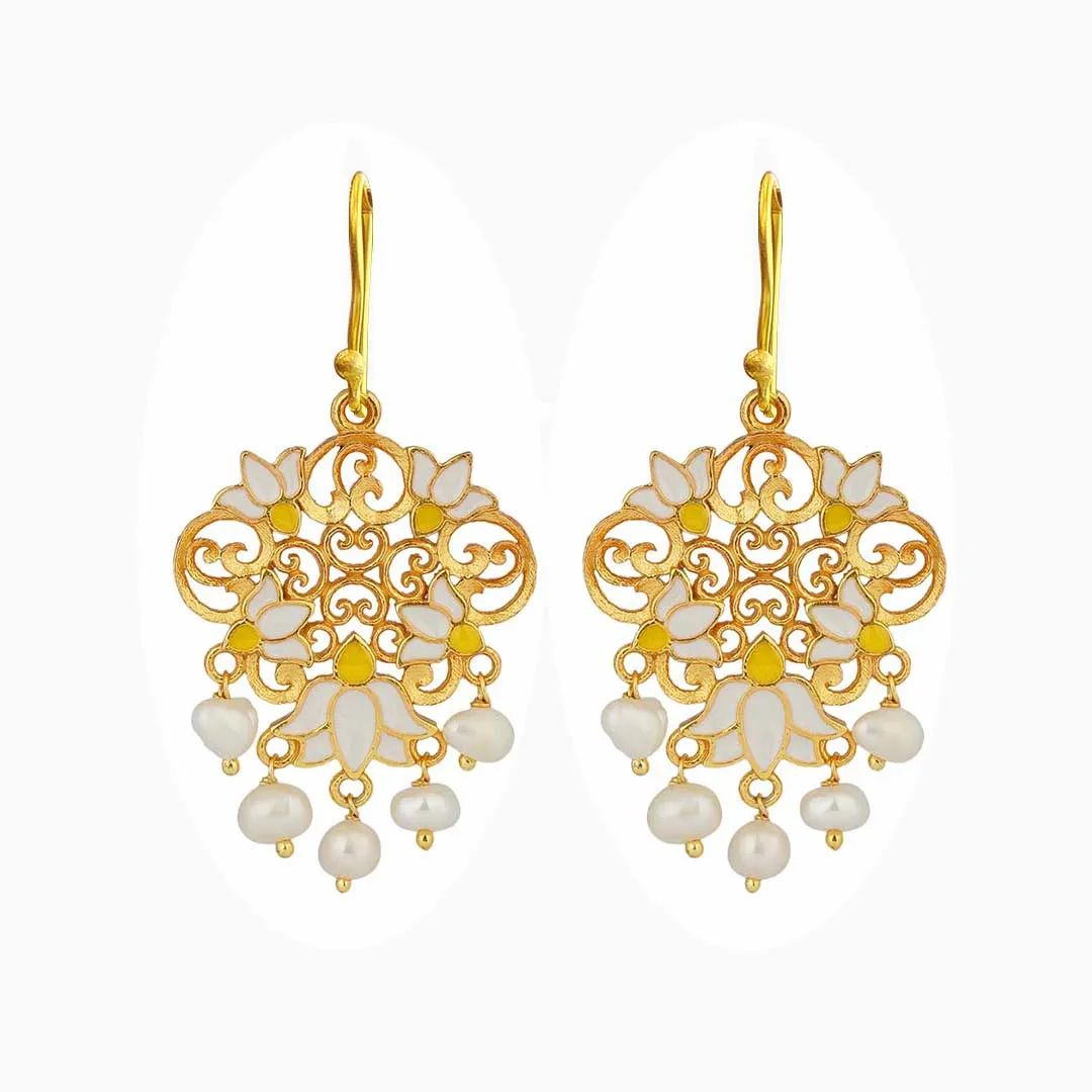 Dream Lotus Drop Earrings in White Enamel