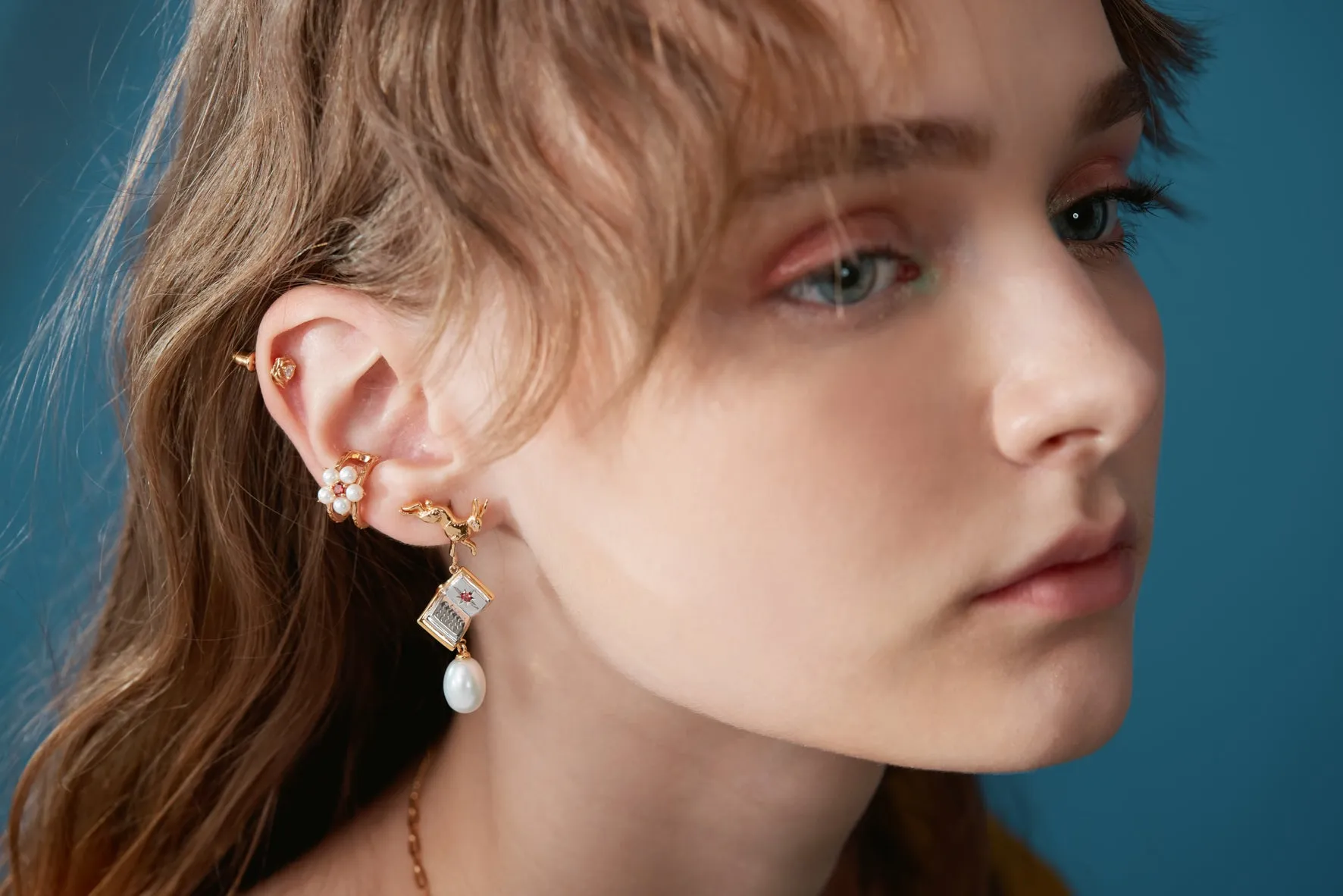 Freshwater Baroque Pearl Gold Leaping Rabbit & Story Book Earrings