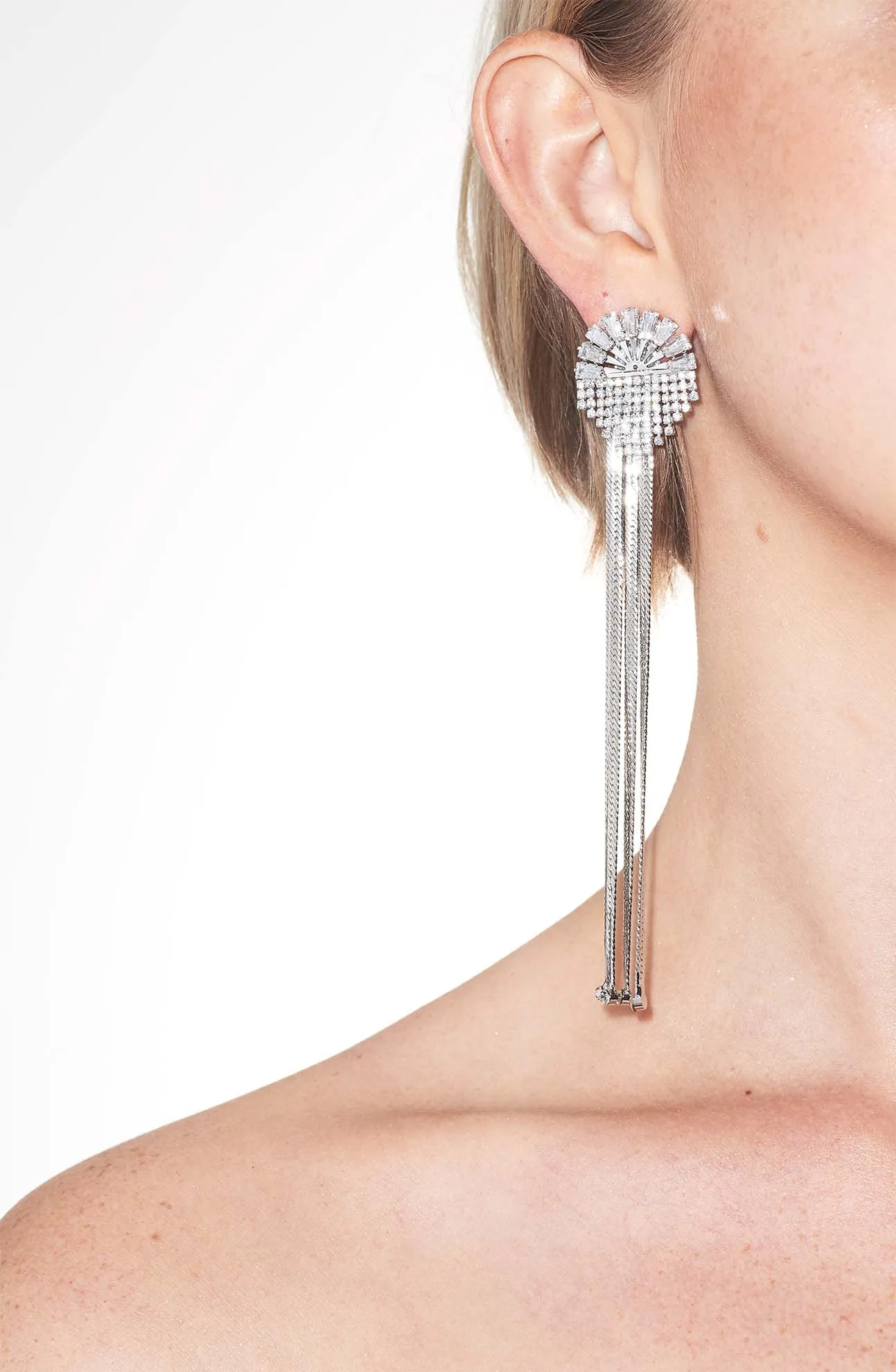 GLASS CRYSTAL STUD FRINGE DROP EARRINGS