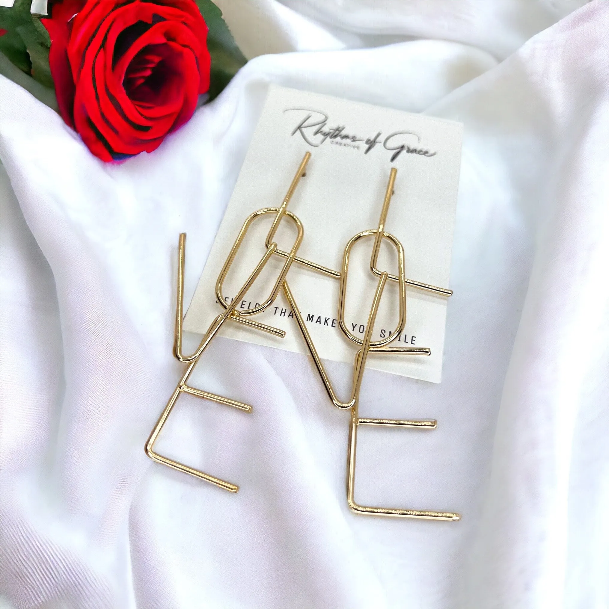 Love Earrings - Valentine’s Day, Heart Earrings, Valentine’s Earrings, Valentine Gift, Love Accessories, Heart Accessories, Gold Letters