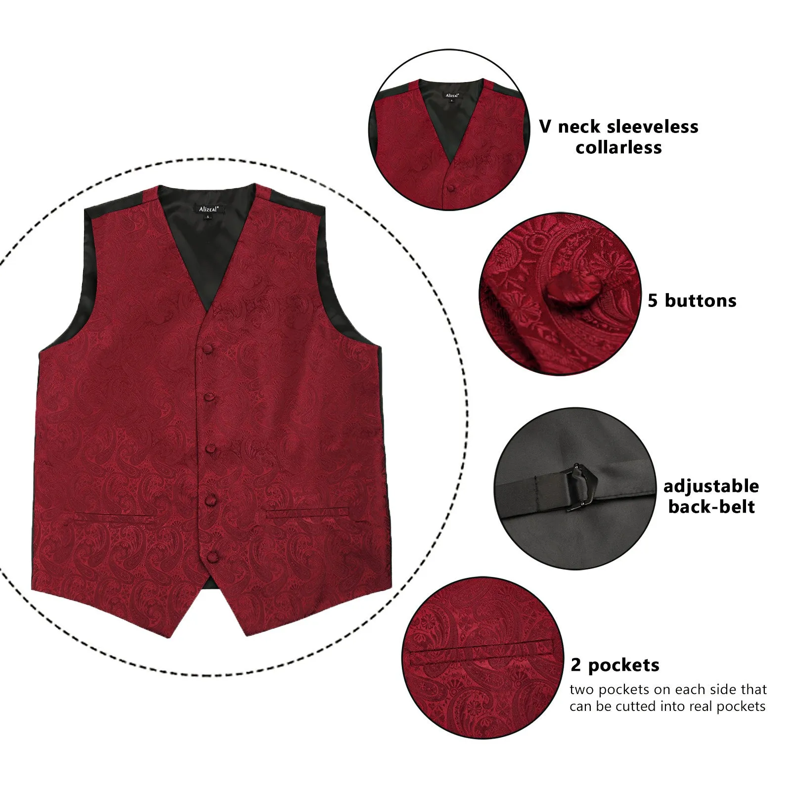 Men's 5pcs Paisley Suit Vest Classic Jacquard Button-Down Waistcoat Set, 185-Maroon