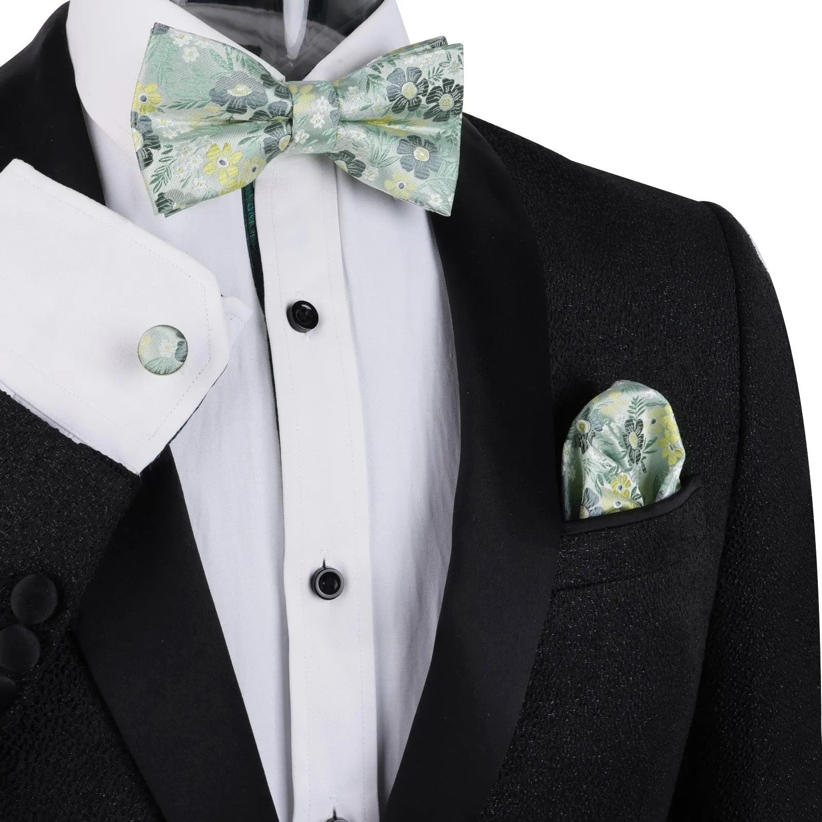 Men's Floral Pattern Pre-tied Bow Tie and Pocket Square and Cufflinks Set-006