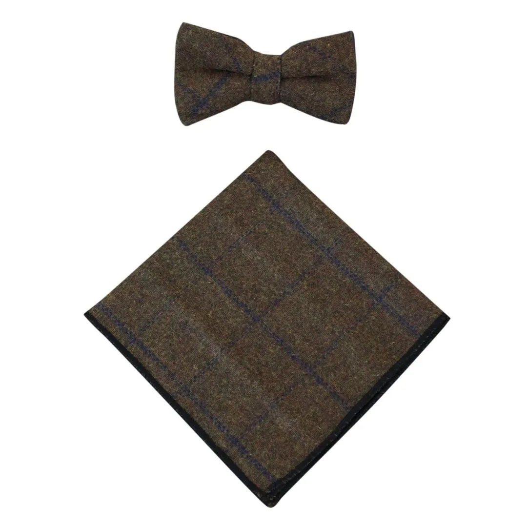 Mens Herringbone Tweed Check Bow Tie Hanky Retro Vintage Classic Blinders