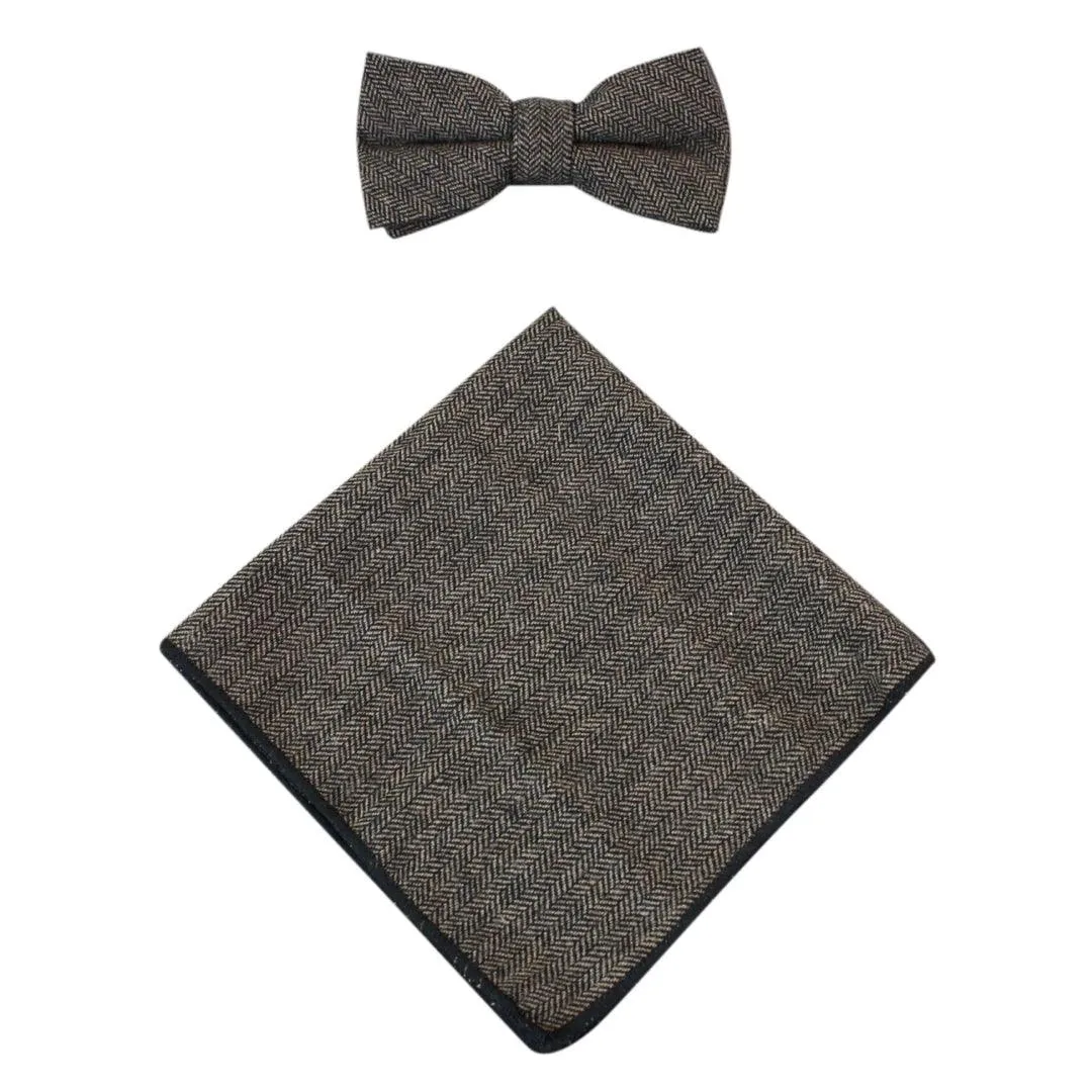 Mens Herringbone Tweed Check Bow Tie Hanky Retro Vintage Classic Blinders