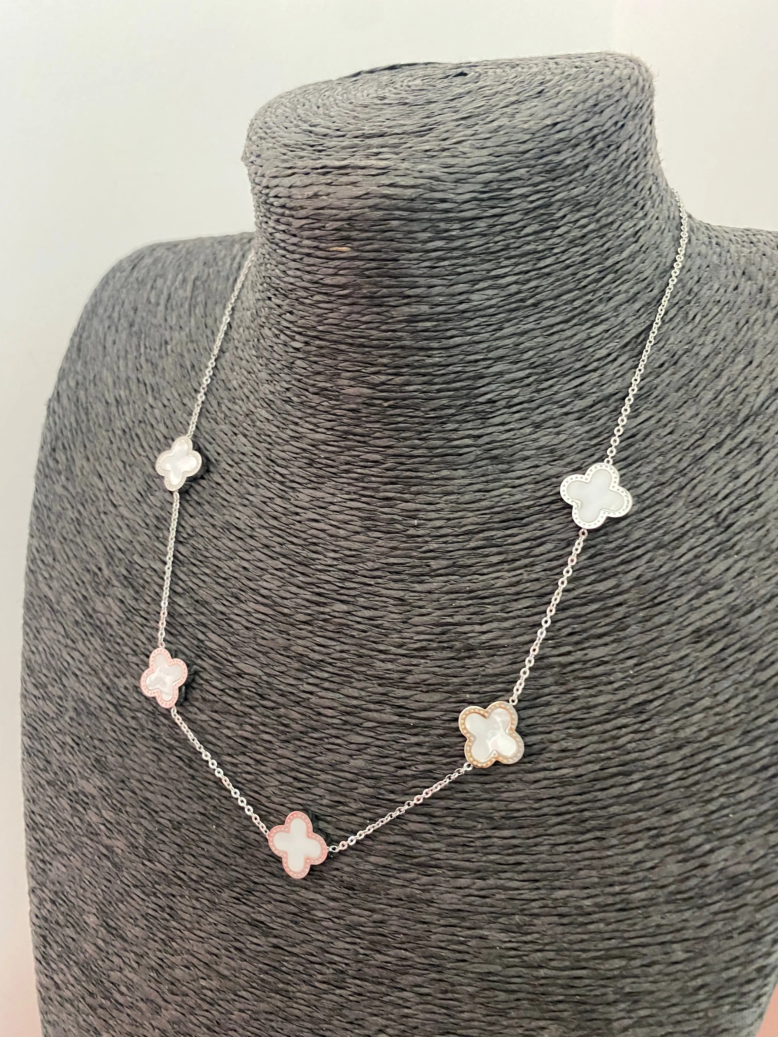 Multi Clover Necklace - Silver & White