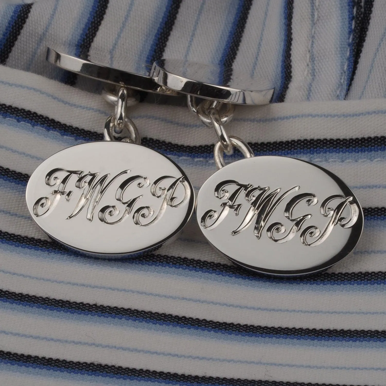 Personalized Silver Double Oval Plain Chain Cufflinks