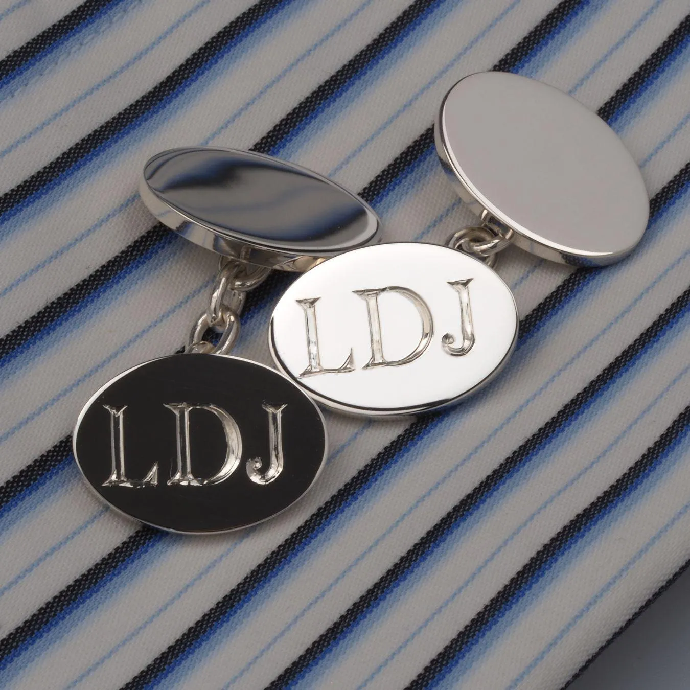 Personalized Silver Double Oval Plain Chain Cufflinks